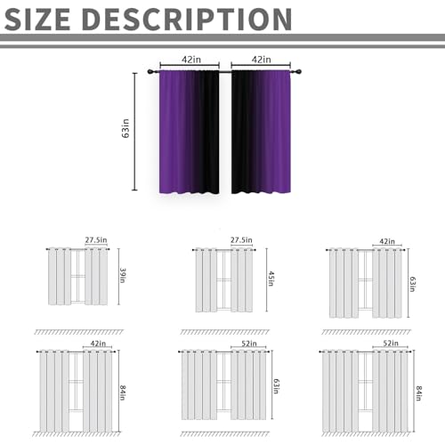 Purple Black Curtains, Ombre, 2 Panels, 42" W x 63" L, Rod Pocket - color: Purple Black, size: 42"W x 63"L (Pack of 2)