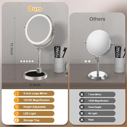 Rocollos Tabletop Makeup Mirror with Built-in Vanity Tray, 9" Rechargeable 4000mAh Lighted Vanity Mirror 1X/10X Magnification, Height-Adjustable Arm, 3 Color Dimmable (9Inch Nickel) - color: 9inch Nickel