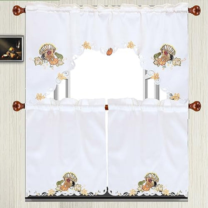 Simhomsen Fall Autumn Embroidered Turkey Kitchen Window Curtain Swag and Tiers Set for Thanksgiving Holiday (Turkeys) - color: Turkeys