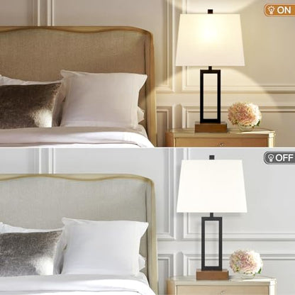 Lolikit Table Lamp for Bedroom Set of 2 with 2 USB Ports and AC Power Outlet, 23.5" Modern Bedside Lamp, Wood Nightstand Lamp with Linen Shade for Living Room Hotel Desk(LED Bulb Included) - color: Beige - 23.5"H