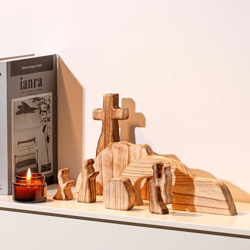 Empty Tomb Easter Resurrection Scene Set, Wooden Christian Tabletop Decor with Cross, Rustic Display for Tiered Tray Mantel Shelf, Religious Easter Gift （7-Piece） - color: 7 Set