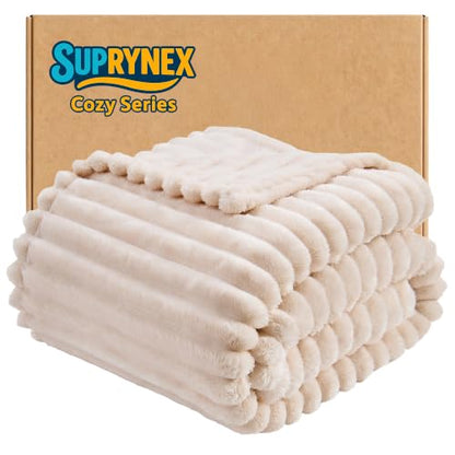 330GSM Ribbed Fleece Twin Blanket for Bed, Cream, 60"x80" - color: Cream, size: Twin(60"x80")