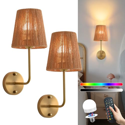 Boho Battery Operated Wall Sconces Set of 2, Gold Rattan Shade Wireless Wall Lights with Remote Rechargeable Bulbs, Dimmable RGB, Cordless Battery Powered Wall Lamp for Living Room Bedroom - color: Gold 14.9 Inch