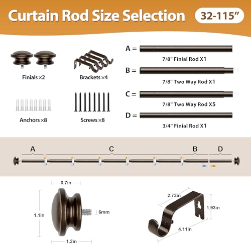TONIAL Curtain Rods for Windows, 32 to 115 Inch, Bronze, Single Drapery Rod - color: Bronze, size: 32-115"