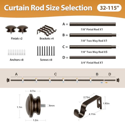 TONIAL Curtain Rods for Windows, 32 to 115 Inch, Bronze, Single Drapery Rod - color: Bronze, size: 32-115"