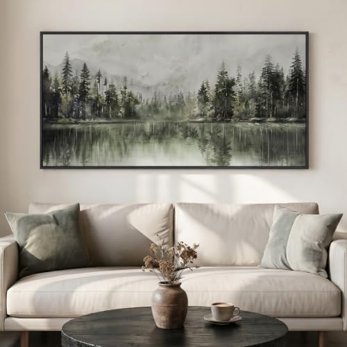 Framed Pine Tree Forest Lake Landscape Wall Art for Living Room, 60x30 Inch - color: Gray Green
