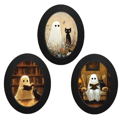 3Pcs Spooky Ghost Halloween Oval Wall Art Framed Dark Academia Decor | Cute Ghost Reading Canvas Prints Halloween Decor for Home Library Reading Nook Living Room Wall Art - color: color-c