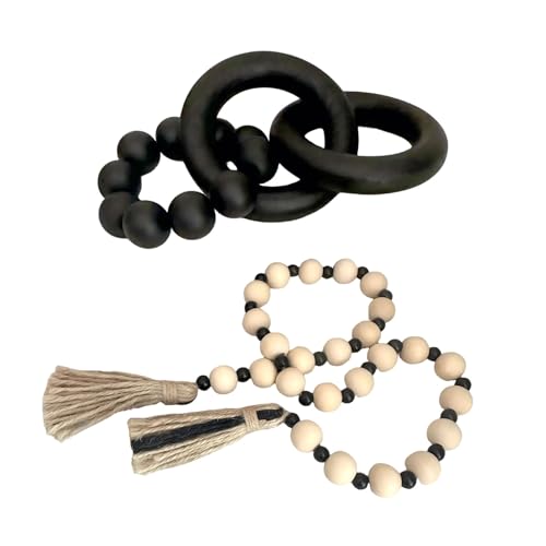 2 pcs Decorative Wood Knot Link Chain and Bead Decor, Black Wooden Knot Decor for Coffee Table Farmhouse Decortive for Home Boho Modern Shelf Decortion(Black) - color: Black