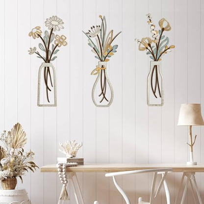 Embewhis Metal Wall Art Flowers 3pcs, Rustic Farmhouse Flower Sculptures, 13.7" Wall Art Decor, Drill-Free Install Option for Living Room, Kitchen, Bedroom & Bathroom - size: A