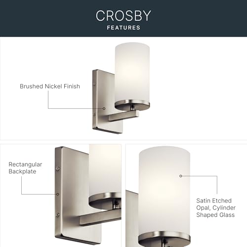 Kichler Crosby 9.25" 1-Light Wall Sconce Light, Brushed Nickel - color: Brushed Nickel, size: 1 Light, style: Satin Etched Cased Opal Glass