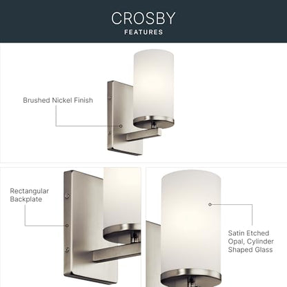 Kichler Crosby 9.25" 1-Light Wall Sconce Light, Brushed Nickel - color: Brushed Nickel, size: 1 Light, style: Satin Etched Cased Opal Glass