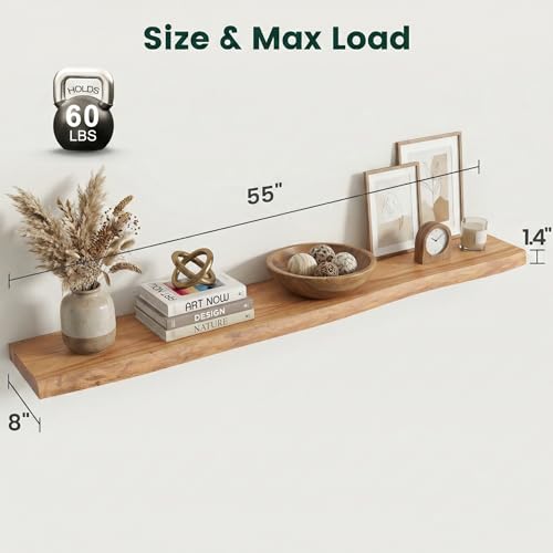 55in Live Edge Solid Elm Floating Shelves, Natural, Set of 1 - color: Natural Color, size: Live Edge 55 inch, 1Pack