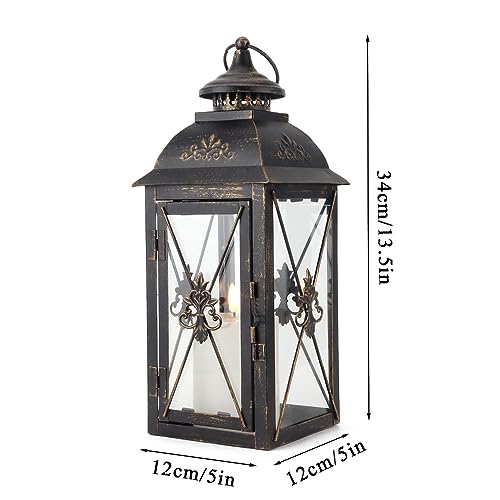 TRIROCKS Decorative Hanging Lantern 16'' High Vintage Metal Candle Holder with Tempered Glass Perfect for Living Room Garden Yard Patio Parties Events Indoors Outdoors (Black) - color: Black, size: Medium