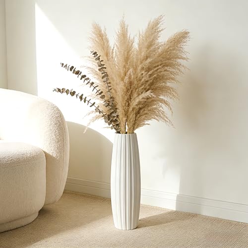 White Tall Ceramic Floor Vase, 17.7 Inch, Ribbed Drum Design - color: Vertical Stripes, size: Height-17.7 Inch