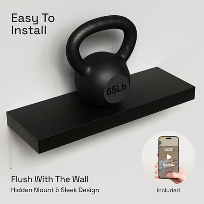 Solid Wood Floating Shelves for Wall 20 Inch Black, Wooden Bathroom Shelf - color: Black, size: 20 Inch
