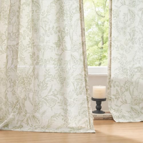 Lazzzy Green Floral Linen Curtains Farmhouse Rod Pocket 50W X 84L 2 Panels - color: Green on Beige, size: 50"W x 84"L (Pack of 2)