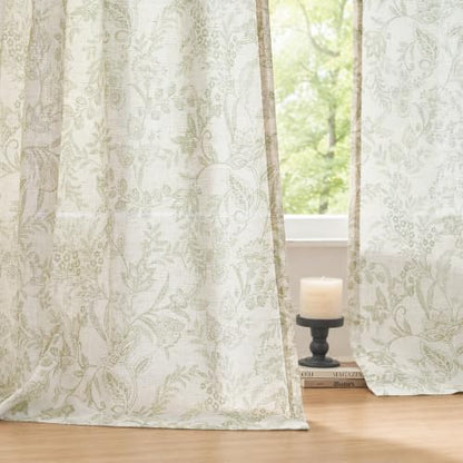Lazzzy Green Floral Linen Curtains Farmhouse Rod Pocket 50W X 84L 2 Panels - color: Green on Beige, size: 50"W x 84"L (Pack of 2)