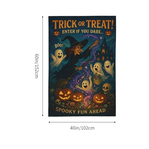 Halloween Tapestry Wall Hanging 60x40in, Trick or Treat Witch Ghost Pumpkin Decor, Cute Spooky Haunted House Party Backdrop, Cartoon Halloween Decorations for Bedroom Living Room Dorm (Hooks Included)