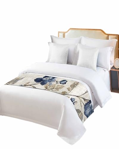 Bed Runner for Queen Size Bed, Blue Gray Spring Floral Decorative Bed Scarf Throws for Foot of Bed, Vintage Botanical Luxury Bedding Slipcover Bed Runners for Hotel/Home, 83 x 20 Inch - size: 83 x 20 inches(Queen)
