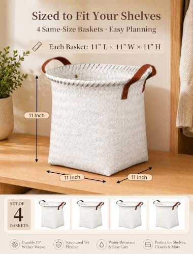 Wicker Storage Baskets, 4 Pack Woven Baskets for Shelves, White - color: Round White