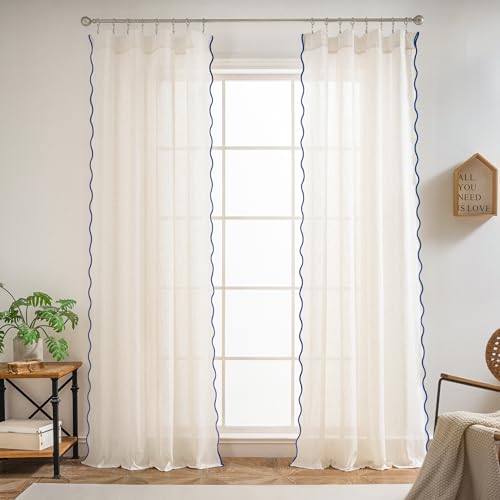 DriftAway Semi Sheer Scalloped Edge Linen Coastal Beach Window Curtains for Living Room Bedroom 2 Panels Rod Pocket Each Size 52 Inch by 96 Inch Navy - color: Linen Navy, size: 52"W x 96"L (Pack of 2)
