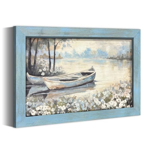 summer melody Rustic Lake Landscpe Wooden Framed Wall Art 24x16 Inch - color: Blue, size: 24"L x 16"W