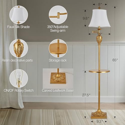 Traditional Floor Lamp with Tray, Remote Dimmable, 350° Swing Arm and Gold - color: Gold-1
