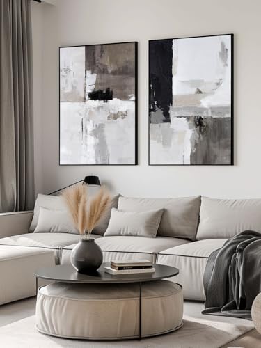 SAFERRYHOME Neutral Abstract Grey and Black Wall Art Set of 2, 24"x36"x2 - color: Black Grey, size: 24" x 36" x 2 Panel Framed
