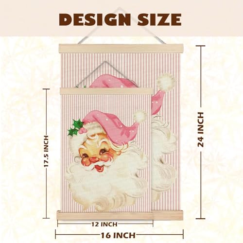 Pink Vintage Christmas Wall Decor - Snowman Santa Art With Wooden Poster Hanger, Retro Striped Decorations for Home Office, 16x24 Inch Set of 2 - color: Retro Christmas, size: 16x24