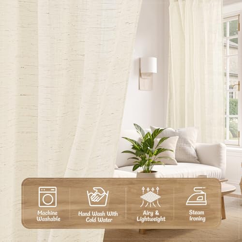LAMIT Beige Sheer Linen Cafe Curtains 30 Inch Length 2 Panels for Windows - color: Beige, size: 34"W x 30"L (Pack of 2)