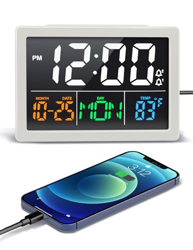 JALL Digital Clock with Date Day for Seniors, Electric Alarm Clocks for Bedrooms with Temperature, 2 Alarms, Dimmer, Dual USB Charger, Battery Backup, Volume Control, Snooze, Bedside Desk Clock, White - color: White