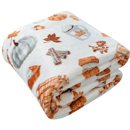 Fall Soft Fleece Throw Blanket, Pumpkin Spice Design, 50x70, Oversized - color: White Brown Tan