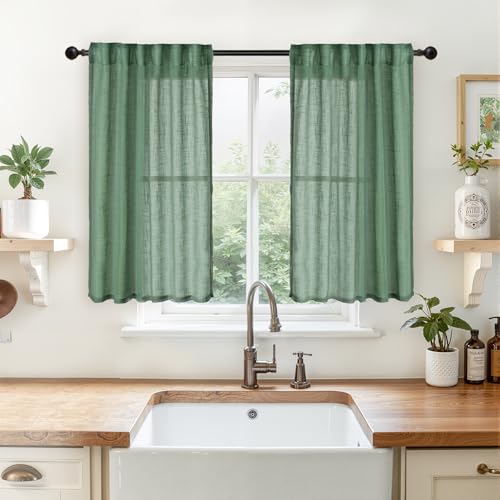 YoungsTex Green Linen 주방 창문 커튼 101.6cm(40인치) 길이 - 뒷면 탭 로드 포켓이 있는 작은 세미 시어 드레이프 경량 카페 욕실 창문용, 패널 2개, 86.4 x 101.6cm(34 x 40인치) - color: 초록색., size: 34"W x 40"L (Pack of 2)