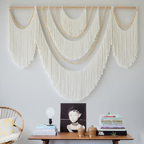 Macrame Wall Hanging Boho Yarn Art Tassel Beaded Handmade Decor 57"W*41"L - color: White