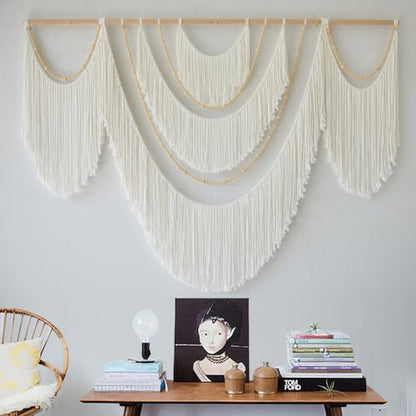 Macrame Wall Hanging Boho Yarn Art Tassel Beaded Handmade Decor 57"W*41"L - color: White