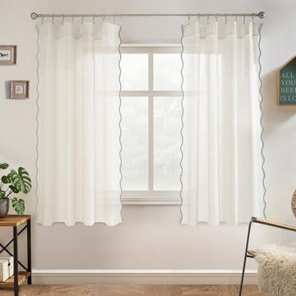DriftAway Semi Sheer Scalloped Edge Linen Coastal Beach Window Curtains for Living Room Bedroom 2 Panels Rod Pocket Each Size 52 Inch by 63 Inch Gray - color: Linen Gray, size: 52"W x 63"L (Pack of 2)