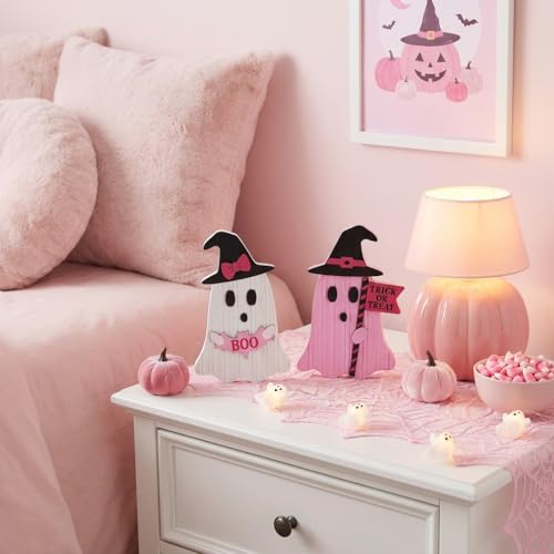 Valery Madelyn Pink Halloween Decor, Set of 2 Cute Halloween Ghost Decor, Witch Hat Boo & Trick or Treat Wooden Tabletop Signs for Home, Shelf, Tiered Tray Party Display, 5 Inch - size: Medium