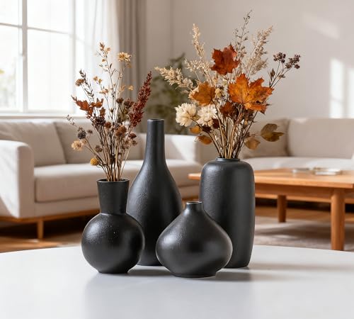 Black Ceramic Flower Vase Set of 4, Modern Farmhouse Decorative Vases for Bookshelf,Dining Room Coffee Console Table Centerpieces - color: 08 Black