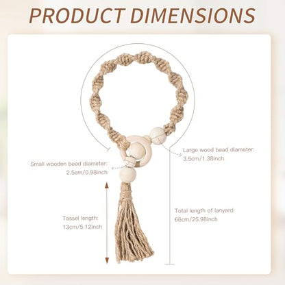 Macrame Curtain Tiebacks with Wooden Beads, Jute Rope Boho Holdbacks with Tassels, Natural Beige, 2-Pcs