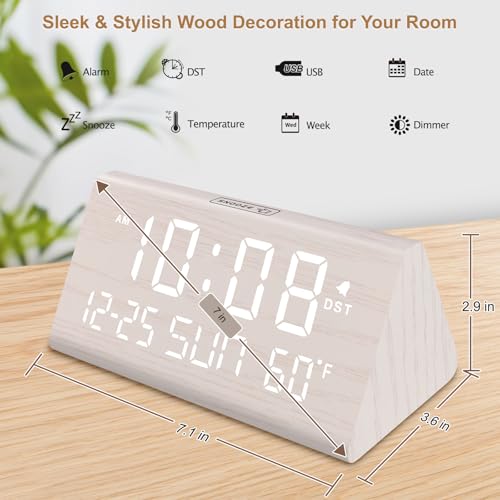DreamSky Digital Alarm Clock for Bedrooms - Wooden Desk Clock with Date - color: White