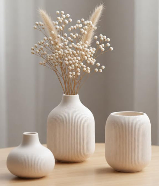 White Ceramic Vases for Decor, 3 Set Small Modern Minimalist Ribbed Vases Decorative for Table Shelf Decor Bookshelf Decoration Vase - color: Vt15-which