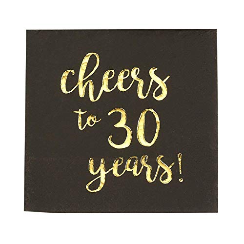 BLUE PANDA 30th Birthday Napkins - 5 x 5 in, 3-Ply, 50 Count, Black & Gold - Cheers to 30 Years Foil Print Napkins - 30th Anniversary Decorations - 30 Balloons - size: 50 Pack