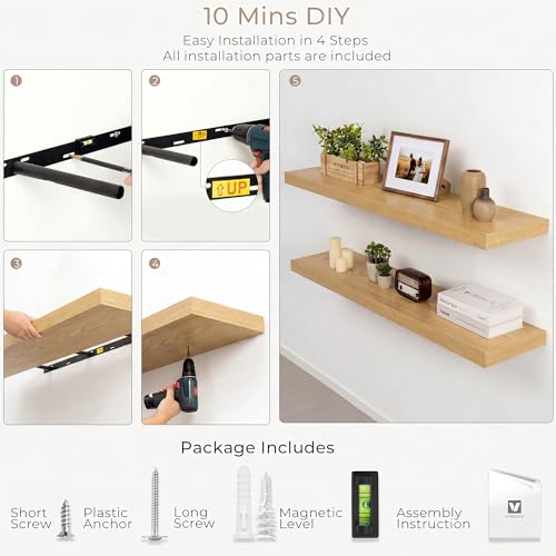 Vivelove Oak Floating Shelves 8 Inch Deep, 24" x 8", Set of 2 - color: Oak, size: 24"Wx8"Dx1.4"H