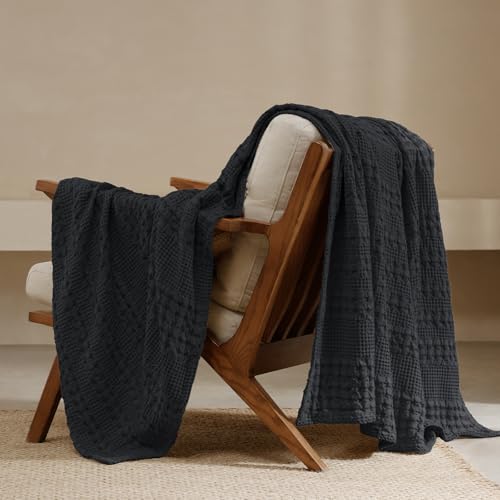 PHF Lightweight 100% Cotton Waffle Throw Blanket for Couch, Black - color: 14 Black, size: Throw(50"x60")