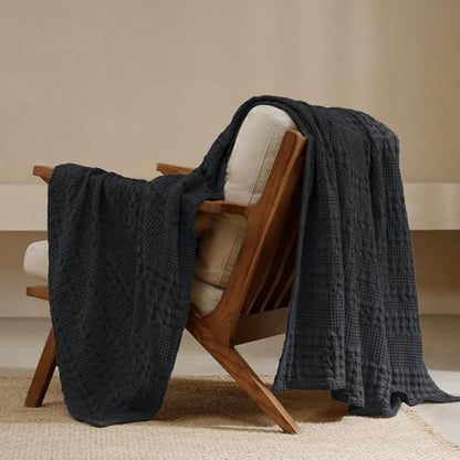 PHF Lightweight 100% Cotton Waffle Throw Blanket for Couch, Black - color: 14 Black, size: Throw(50"x60")