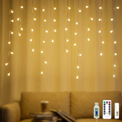 YOLIGHT Fairy Curtain Lights, USB/Battery Powered Ball Icicle Light 13ft 96 LED Globe String Hanging Lights for Bedroom Dorm Wedding Party Christmas Decoration (Warm White (Remote)) - color: Warm White (Remote)
