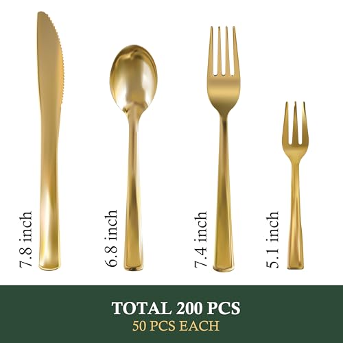 Neatiffy 200 Pcs Gold Plastic Silverware Disposable Cutlery Set, Includes 50 Forks, 50 Spoons, 50 Knives, 50 Medium Forks, Utensils Set for Catering, Parties, Dinners, Weddings - color: Gold Cutlery only