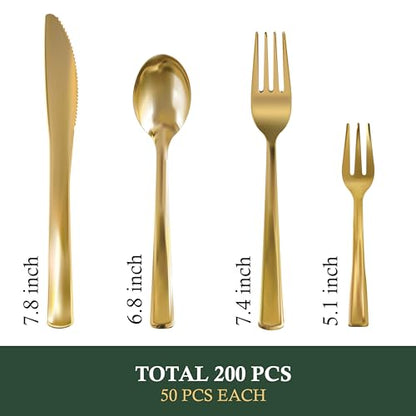 Neatiffy 200 Pcs Gold Plastic Silverware Disposable Cutlery Set, Includes 50 Forks, 50 Spoons, 50 Knives, 50 Medium Forks, Utensils Set for Catering, Parties, Dinners, Weddings - color: Gold Cutlery only