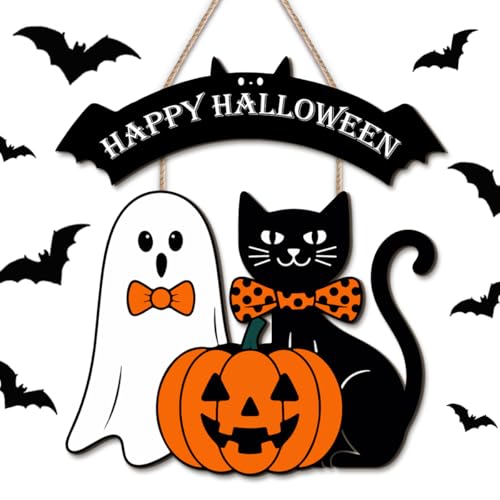 HKDGVRTB Halloween Decorations Outdoor/Indoor,Home Decor Wooden Welcome Sign Wall/Door,Cute Ghost/Black Cat/Pumpkin Hanging Decor,Durable Fall Wreaths for Horror party - color: black, size: 15"L x 13.8"W