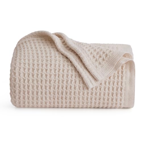 Bedsure 100% Cotton Throw Blanket for Couch, Waffle Weave, Beige, 50"x70" - color: 02 Beige, size: Throw XL (50" X 70")